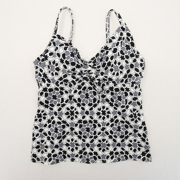 Lands End Tankini Top Black White Geometric Print Ruched Bow Tie V Neck Size 2 - Picture 1 of 9